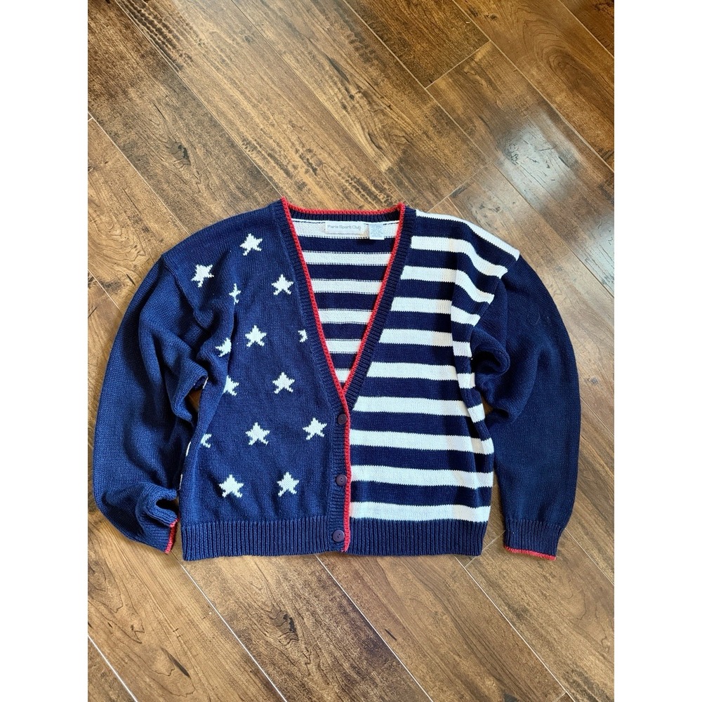 Paris Sport Club Americana Flag Cardigan Sweater Women's L Stars Stripes Cotton